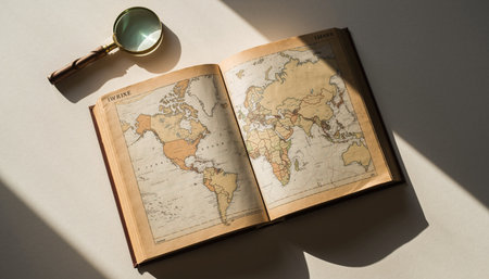 Vintage map of the world with magnifying glass on white backgroundの素材