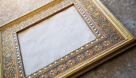 Old photo frame with oriental ornament on the stone background. Copy space.の素材
