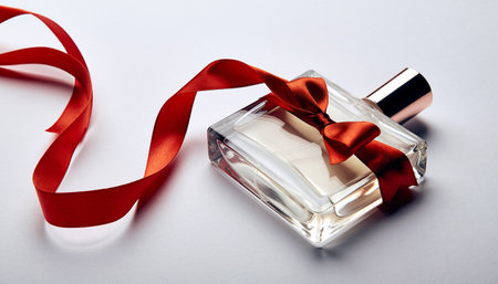 Perfume bottle with red ribbon on white background, closeupの素材