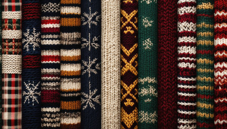 Colorful knitted sweaters as background, close-up.の素材