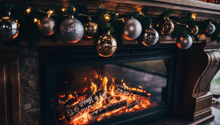 Burning fireplace with Christmas ornaments in a cozy living roomの素材