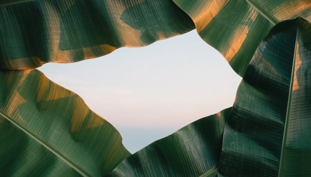Banana leaf in the shape of a heart on the sky backgroundの素材