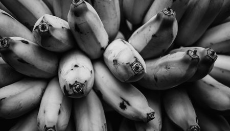 Close up of a bunch of bananas. Black and white photo.の素材
