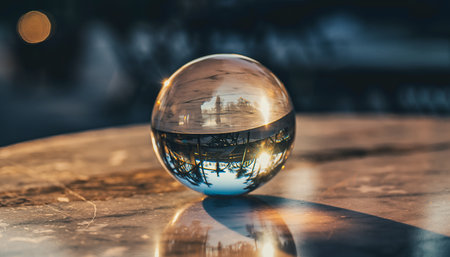 crystal ball on the background of the city. reflections in the waterの素材