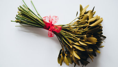 Bouquet of mistletoe with red ribbon on white backgroundの素材