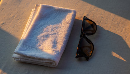 Towel, sunglasses and towel on the table at sunset.の素材