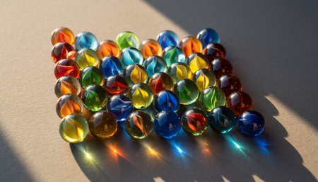 Colorful glass marbles on a light background. Selective focus.の素材