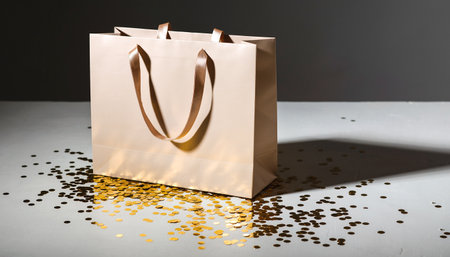 Shopping bag with golden confetti on grey background. Shopping concept.の素材