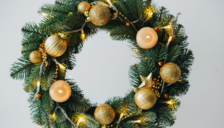 Christmas wreath on a white background with a garland and candlesの素材
