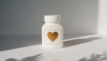 bottle of pills with heart icon on white background with shadows.の素材