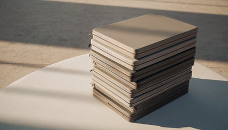 stack of hardcover books on white table in sunlight, stock photoの素材