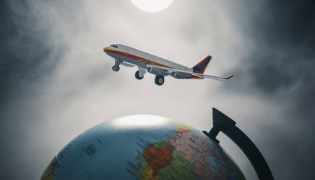 Airplane flying over the globe. Travel concept. 3D Renderingの素材