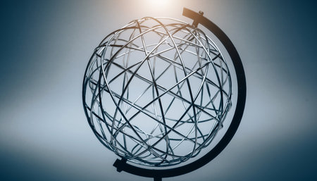 Close-up of globe model on grey background. Global business conceptの素材
