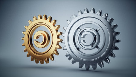 Golden and silver gears on a gray background. 3D illustration.の素材