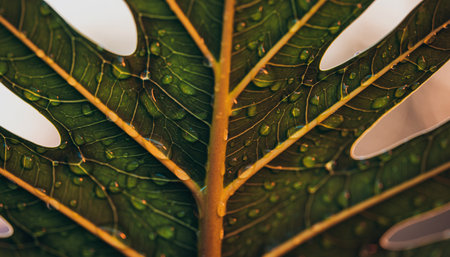 Close up of monstera leaf with dew drops. Nature backgroundの素材