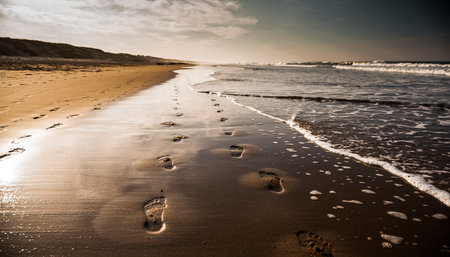 Beach in the evening with footprints in the sand on the beachの素材
