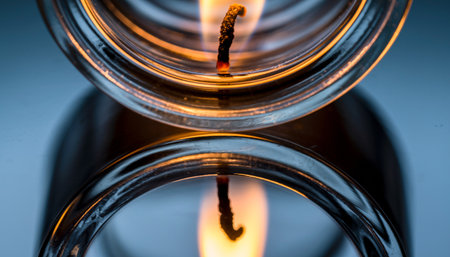 Close up of a burning candle in a glass jar on a blue backgroundの素材