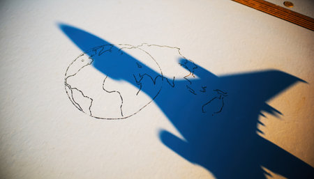 airplane silhouette drawing on white paper with shadow, travel and tourism conceptの素材