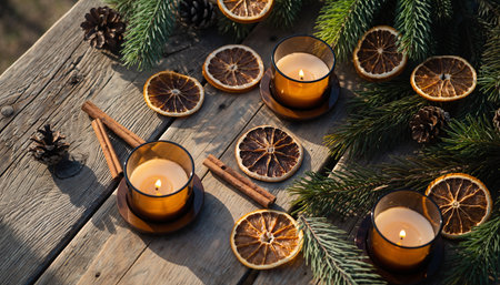 Christmas decoration with burning candles, fir branches and dried oranges on wooden tableの素材