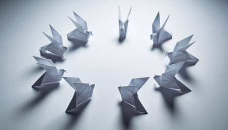 Leadership concept. Paper origami men in a circle on gray backgroundの素材