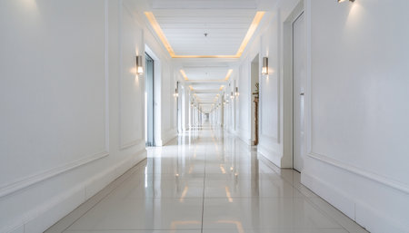 long corridor in a modern office building with white walls and tiled floorの素材