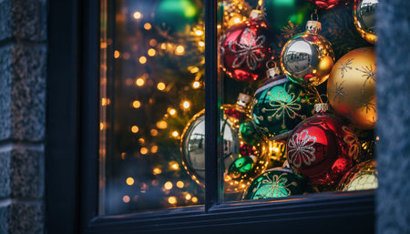 Christmas decoration on the window. Christmas ornaments on the window.の素材