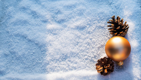 Christmas decoration with pine cones and golden bauble on snow background.の素材