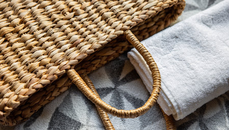 Wicker basket with a white towel on a checkered tableclothの素材