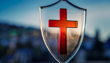 Heraldic shield with red cross against the background of the cityの素材