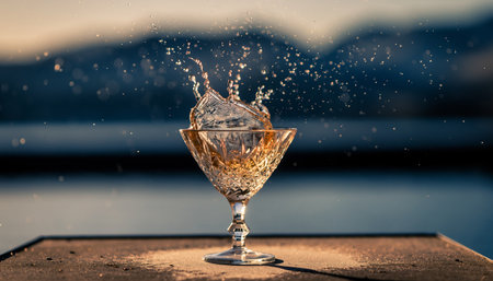 Wineglass with splashes of water on the background of mountainsの素材
