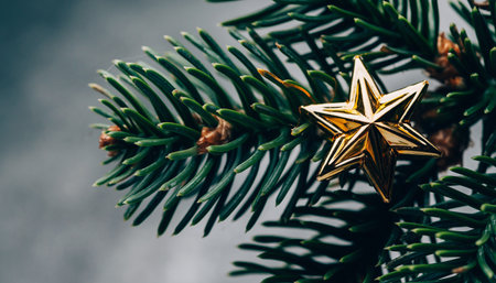 Christmas tree decoration with golden star on a gray background. Selective focus.の素材