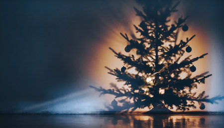 Christmas tree with lights and snow on the background. New Year conceptの素材