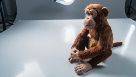 Monkey sitting on a table in a light room with a lampの素材