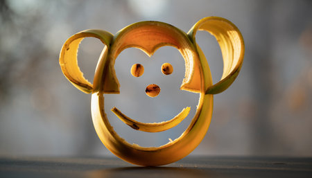smiling monkey made of yellow plasticine on wooden table in front of blurred backgroundの素材