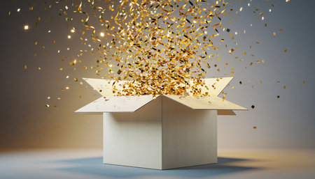 Open box with golden confetti flying out. 3D Renderingの素材
