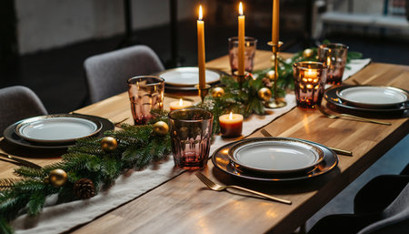 Christmas table setting with candles, plates and cutlery on wooden tableの素材