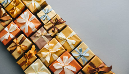 top view of golden and brown gift boxes with ribbons on grey backgroundの素材
