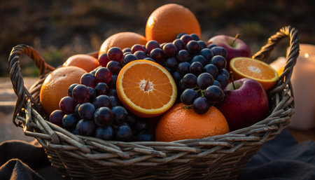 Basket with fresh fruits and candles on the table in the gardenの素材