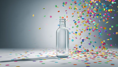 Colorful confetti and bottle of vodka on white background. 3D renderingの素材