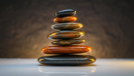 Stack of zen stones on a reflective surface with a dark backgroundの素材