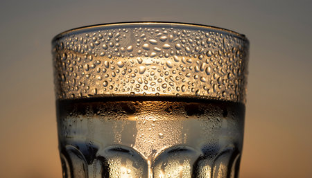 Glass of water with water droplets on the background of the sunsetの素材