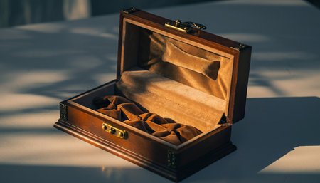 wooden casket with a bow on the table in the sunlightの素材