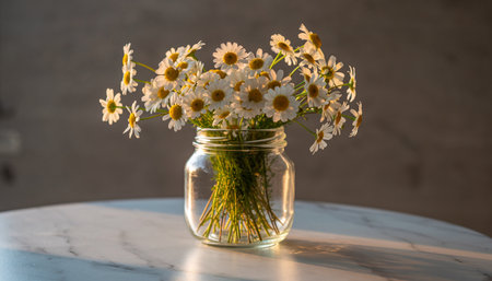 Bouquet of daisies in a glass jar on a white marble tableの素材