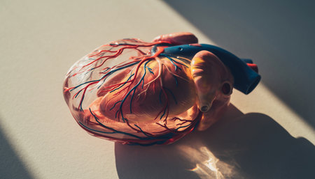 Human heart model on white background with sunlight. Health care and medical concept.の素材