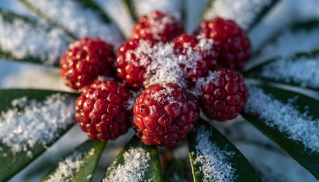 Close-up of frozen raspberries on a green leaf covered with snowの素材