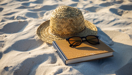 Straw hat, sunglasses and book on the beach. Summer holiday conceptの素材