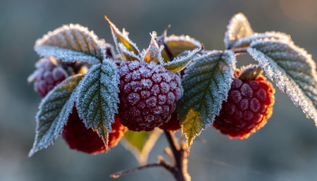 Frozen raspberries on a branch in the morning sun.の素材