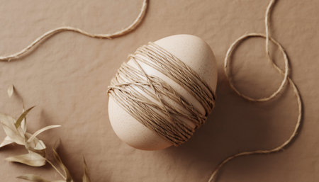 Easter egg with string on a brown background. Vintage style.の素材