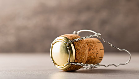Champagne cork with metal chain on grey background, closeupの素材