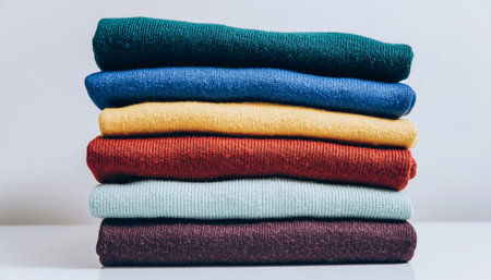 Stack of colorful knitted sweaters on a white background. Toned.の素材